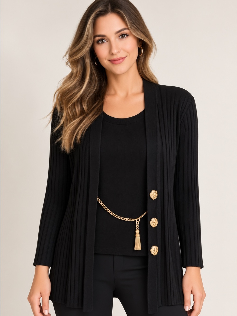 Vintage Olivia Rose New York Black Ribbed Cardigan Gold Chain Tassel